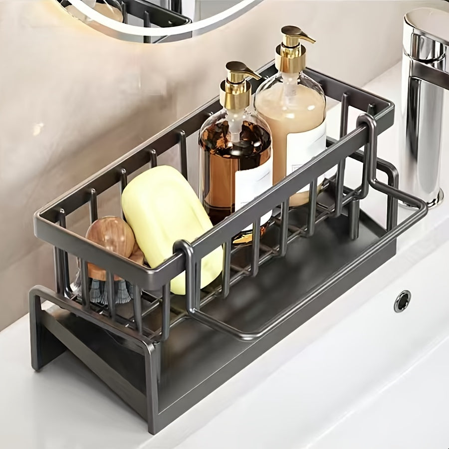 Kitchen Sink Organizer with Drain Rack and Storage Basket for Sponges and Detergents