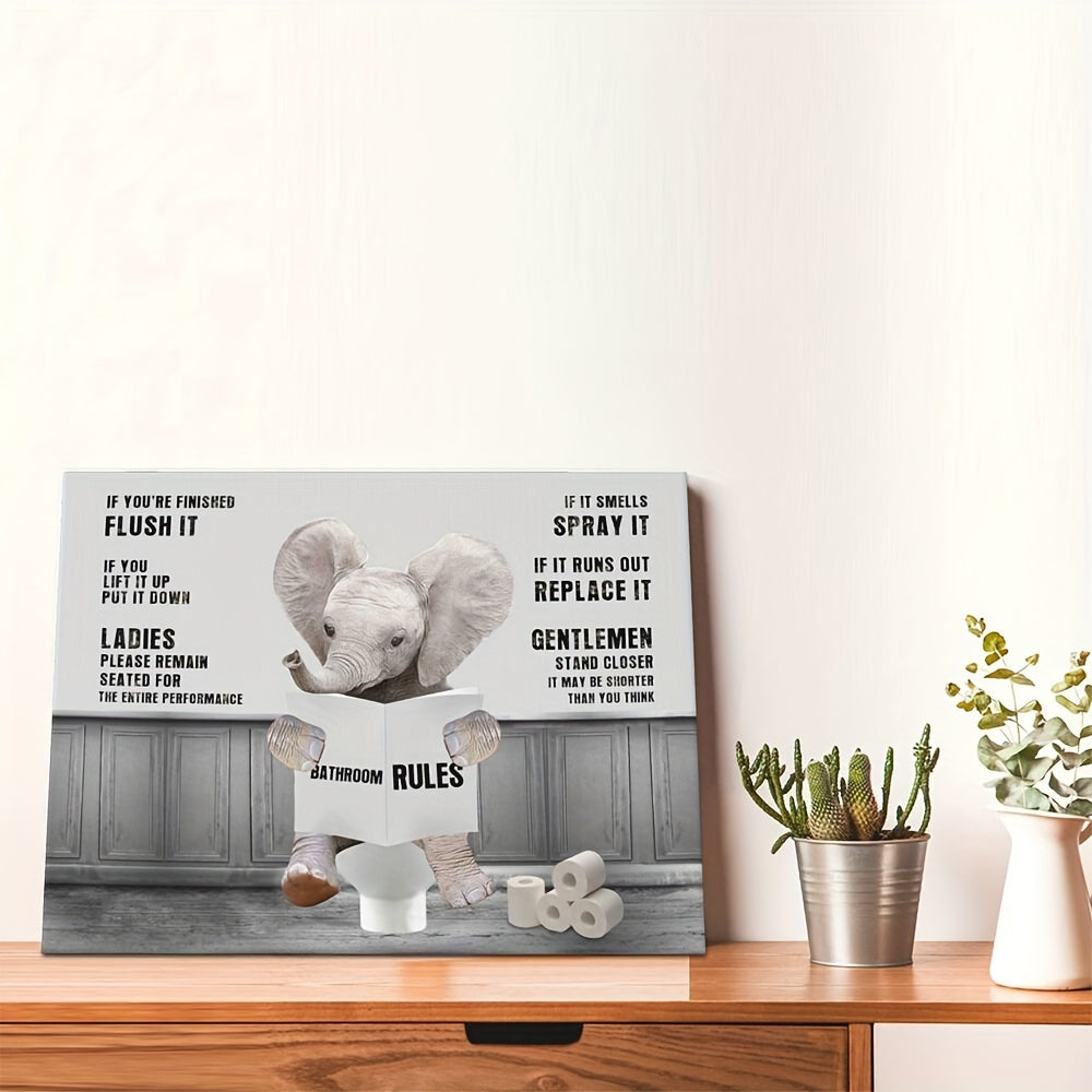 Funny Elephant Bathroom Wall Art Canvas Painting Black and White Toilet Decor Farmhouse Frame Artwork for Bedroom Kitchen Living Room