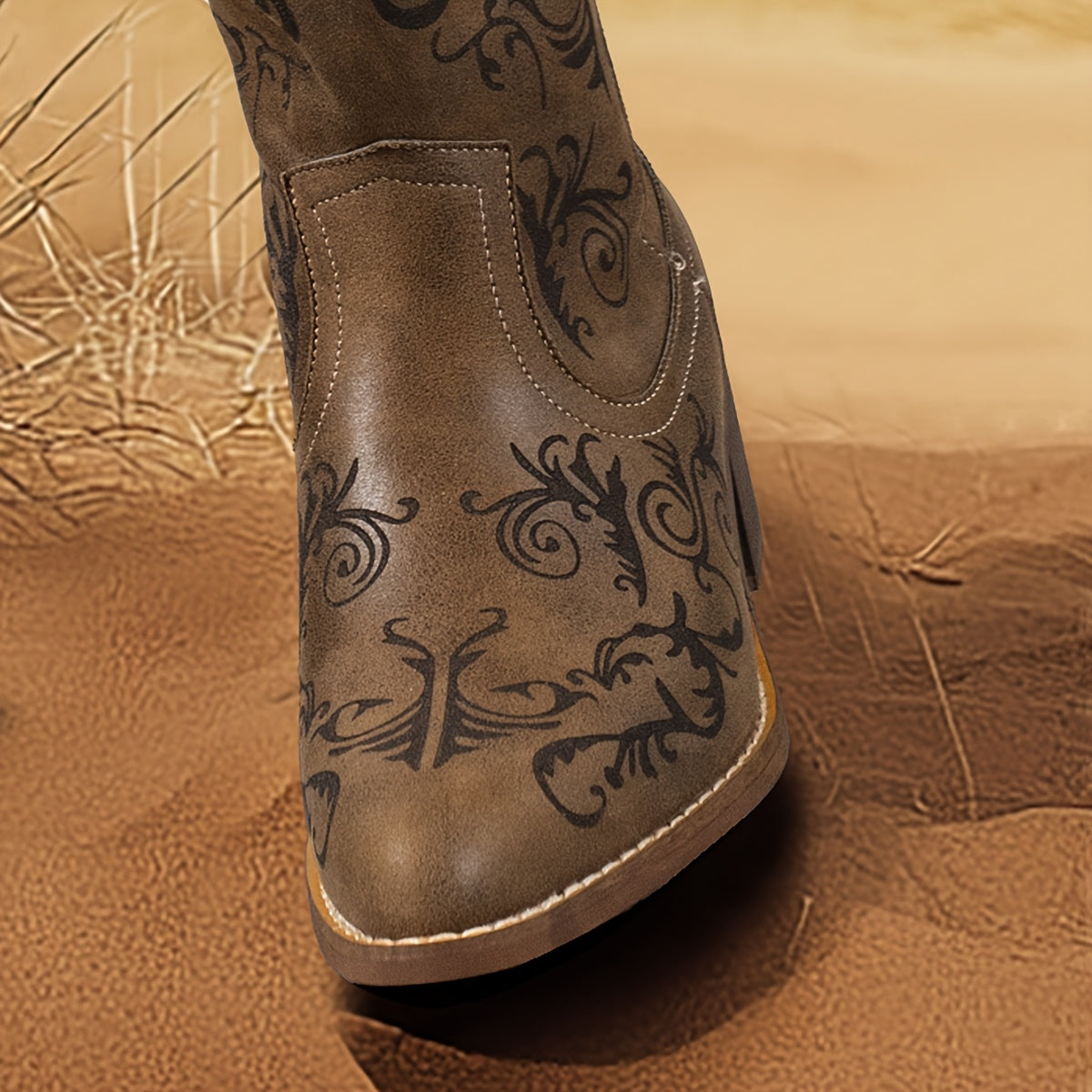 Women's Brown Laser-Cut Floral Mid-Calf Boots with Wooden Heel