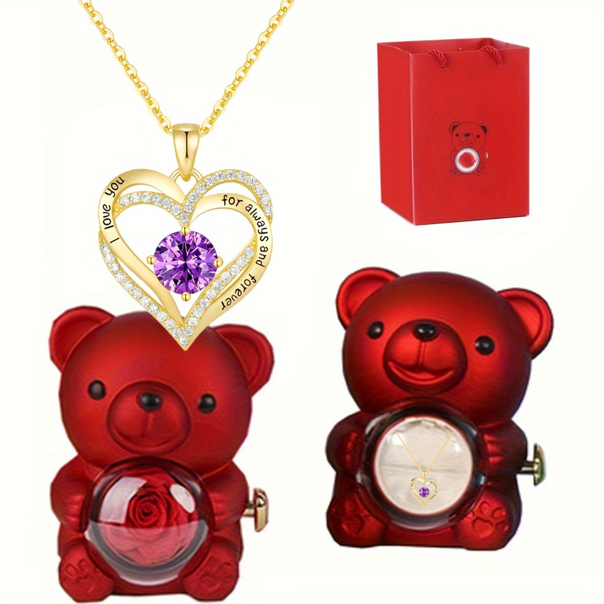 Women’s Gold Plated Bear Pendant Necklace with Rose and Cubic Zirconia December Birthstone