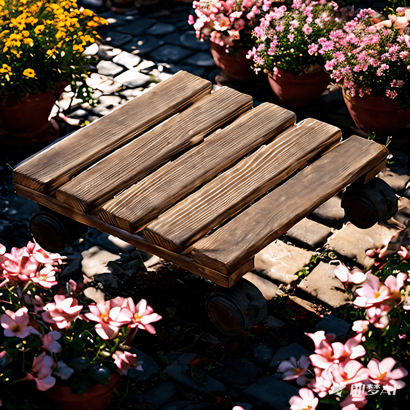 Qattiq yog'ochdan yasalgan o'simlik aravachasi, qulflanadigan g'ildiraklari bilan, og'ir o'simliklarni ichkariga yoki tashqariga ko'chirish uchun mukammal.