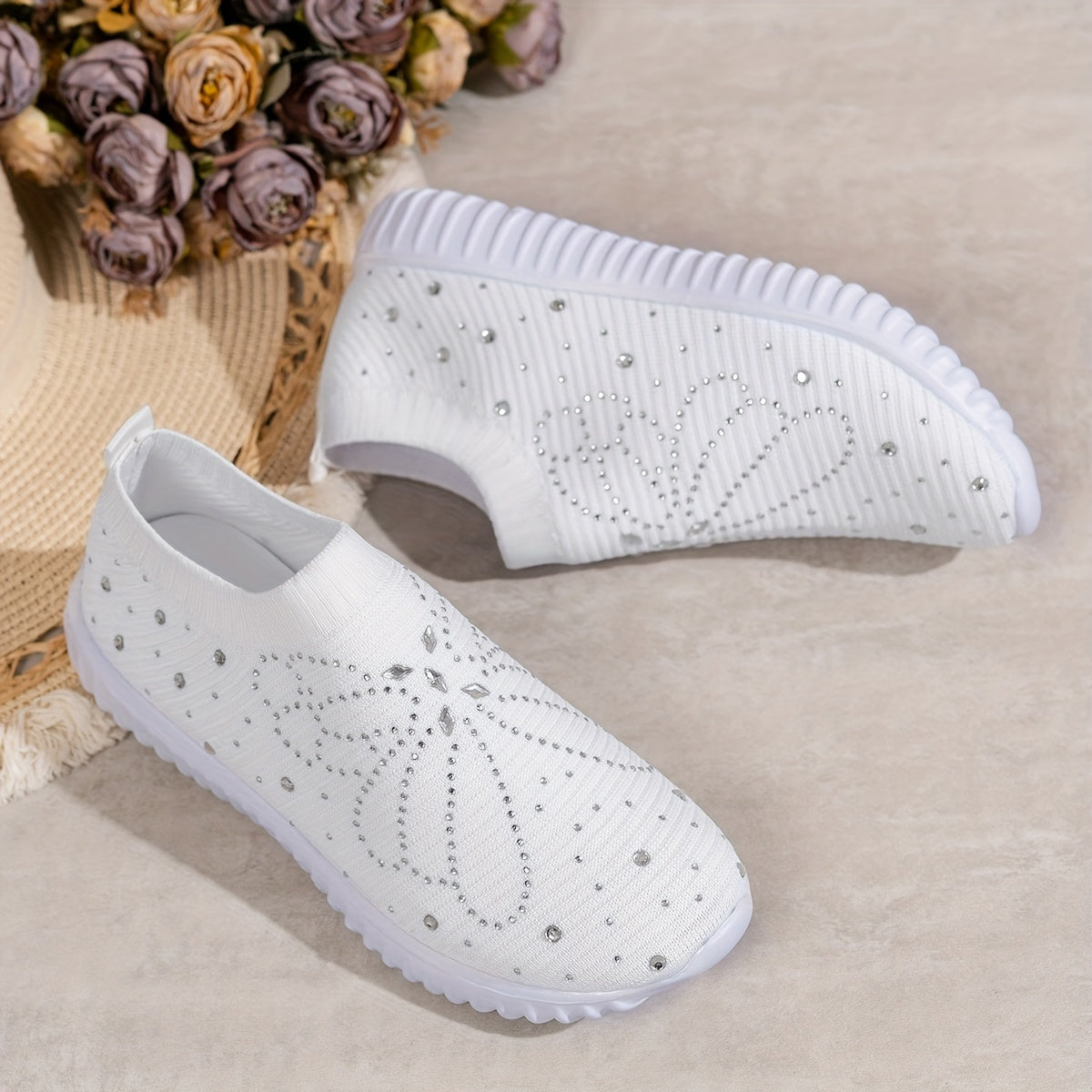 Women's Knit Low-Top Sneakers with Crystals, EVA Sole, Slip-On, All-Season