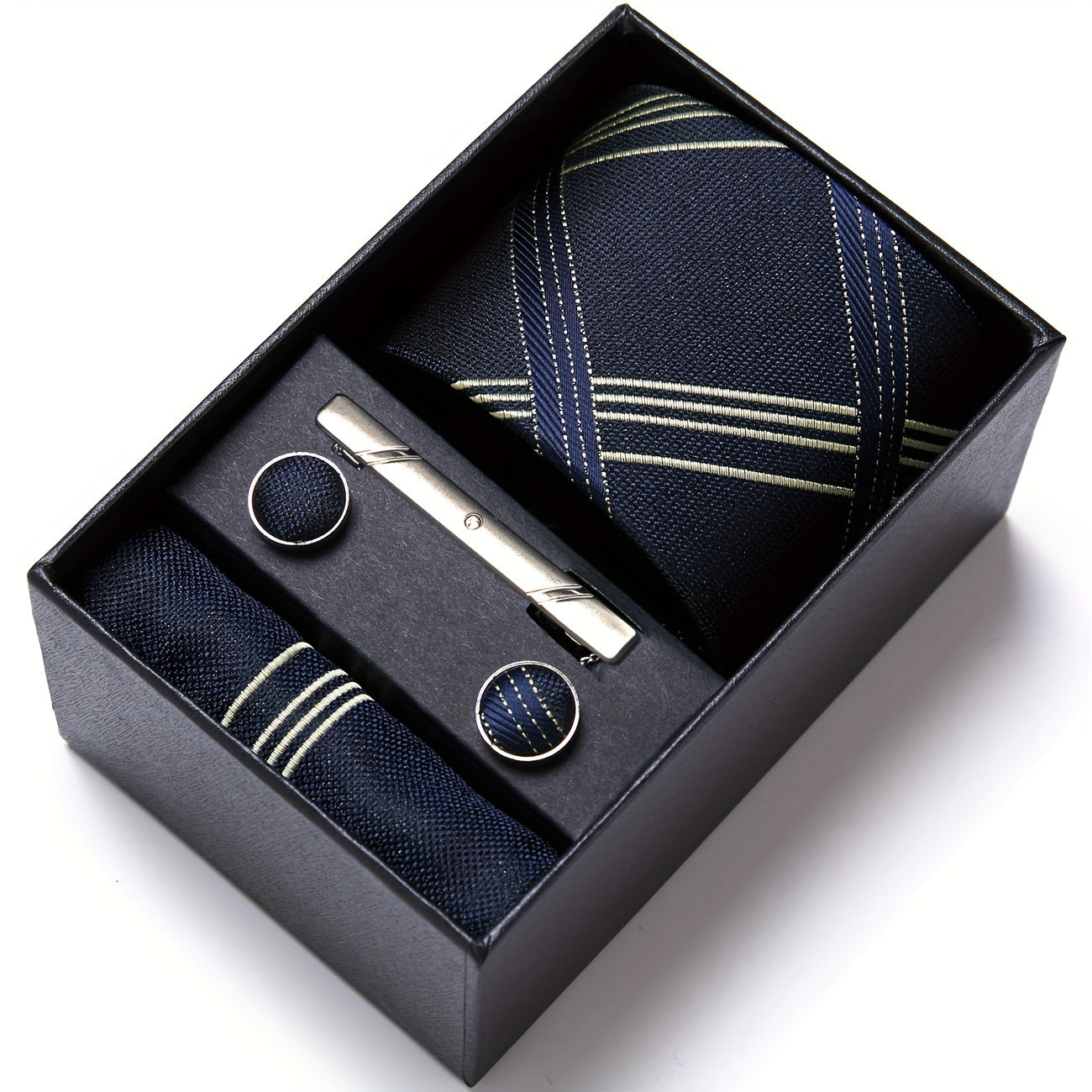 Men's Plaid Tie Set with Pocket Square Cufflinks and Tie Clip in Gift Box