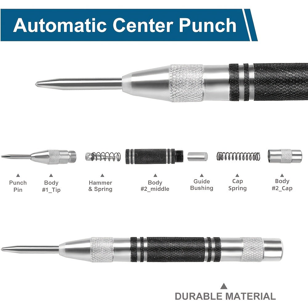 2 piezas de punzón de centro automático de alta resistencia, acero inoxidable, cromo, 12.7cm para metal, plástico, madera