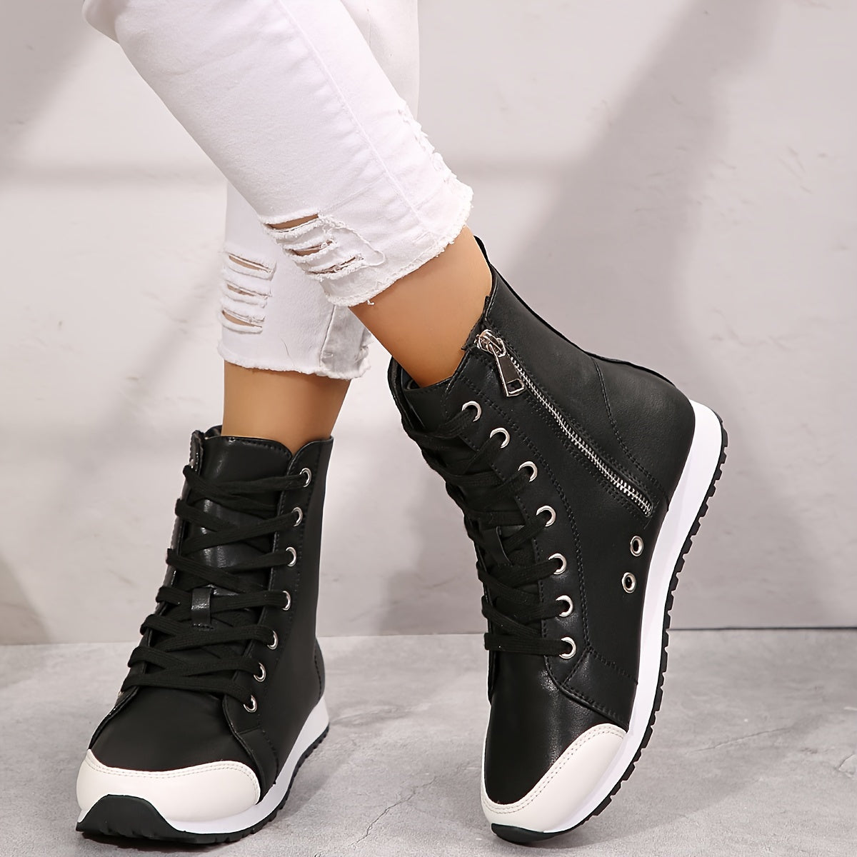 Women's Black White High Top Zipper Short Boots Sneakers