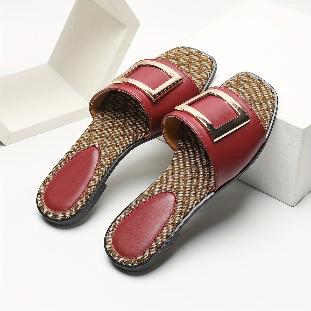 Women Square Toe Slides All-Season Flat Heel Casual Sandals