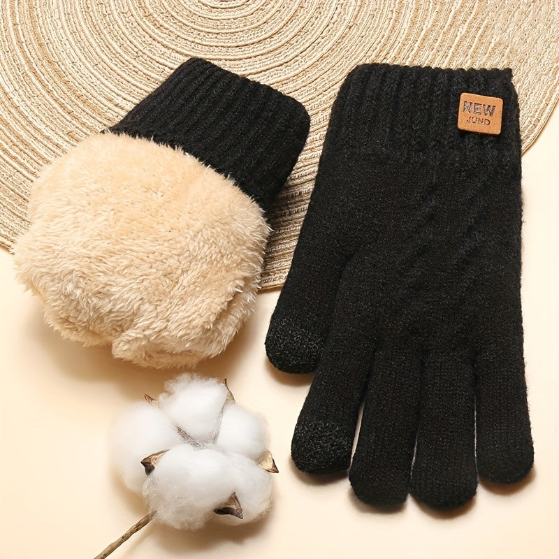 Double Layer Knitted Gloves with Velvet Lining Warm Touch Screen Short Winter Gloves Solid Color Elastic