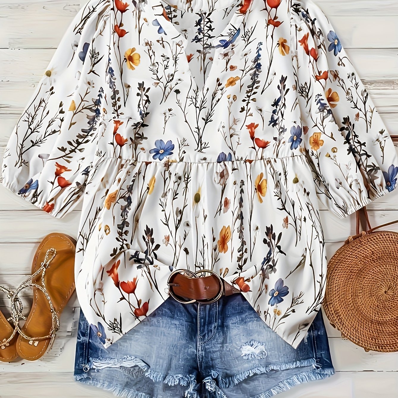 Women Plus Size Boho V-Neck Blouse Short Sleeve Floral Print