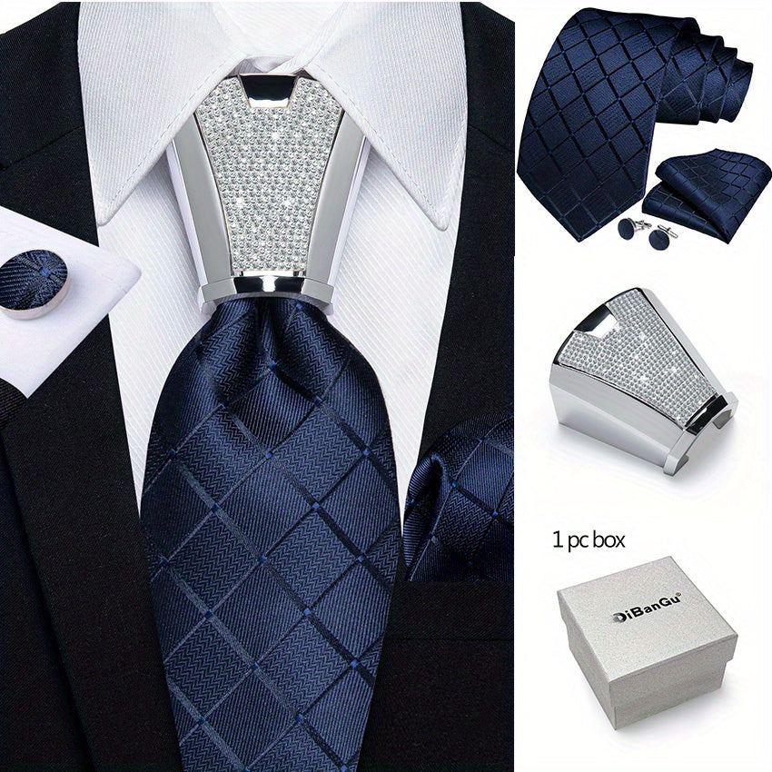 Men's Business Accessory Set with Silver Ring Cufflinks and Handkerchief