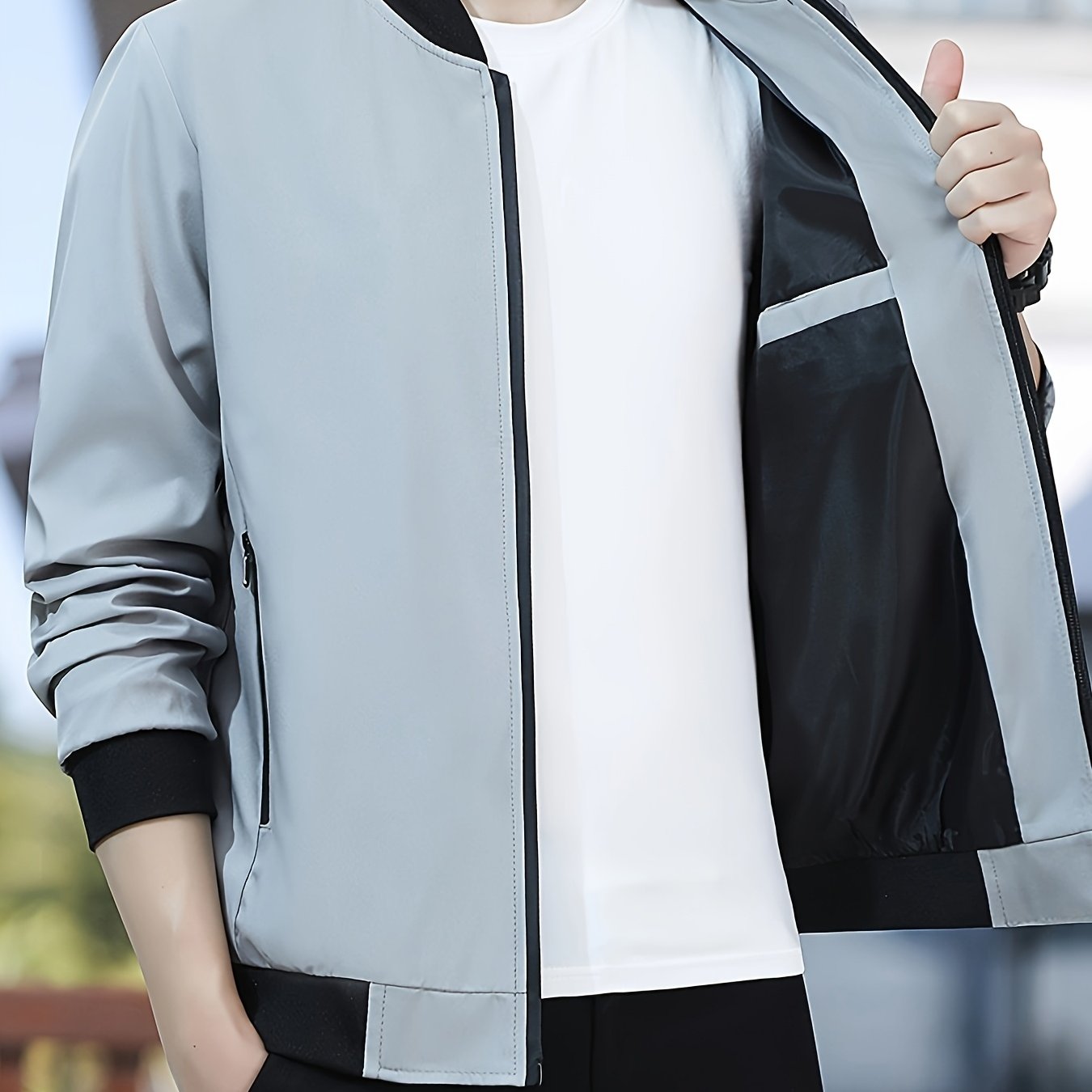 Men's Long Sleeve Solid Color Woven Polyester Jacket with Stand Collar and Zipper Closure