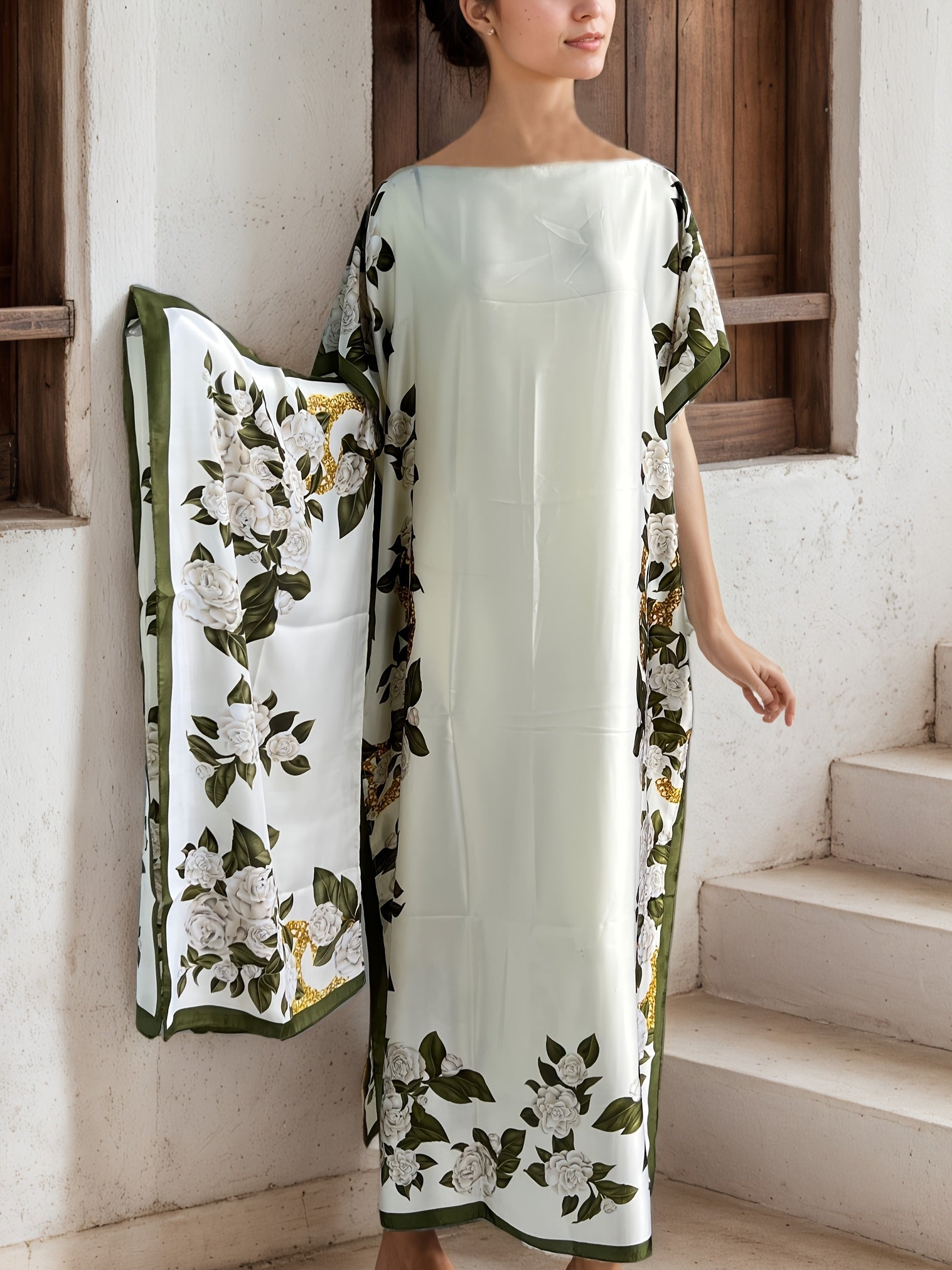 Plus Size Women Maxi Dress Peach Floral Print Shawl Collar Batwing Sleeves