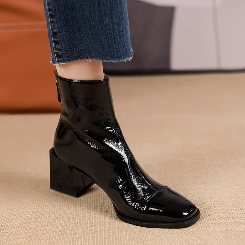 Women Ankle Boots Square Toe Faux Leather Chunky Heel All-Season