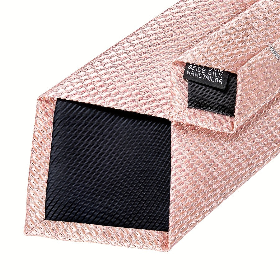 Men's Pink Solid Formal Tie Set with Handkerchief and Cufflinks for Weddings and Business