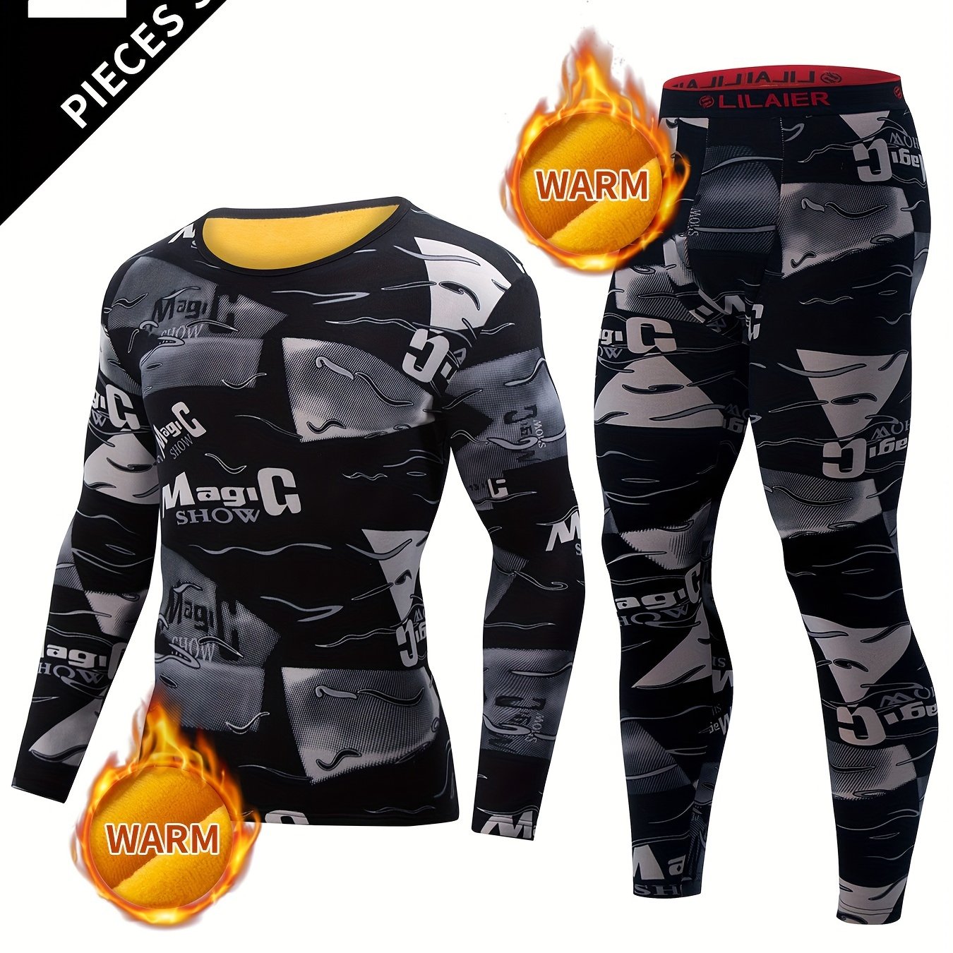 Men's Thermal Underwear Set Camouflage Fleece-Lined Long Sleeve Top and Leggings Winter Skiing