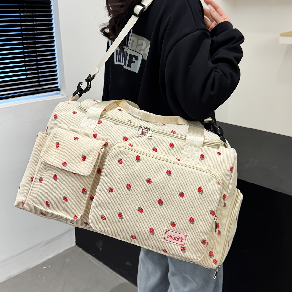 Corduroy Travel Bag with Strawberry Print Wet and Dry Separation Shoe Compartment for Vacation Gym and School