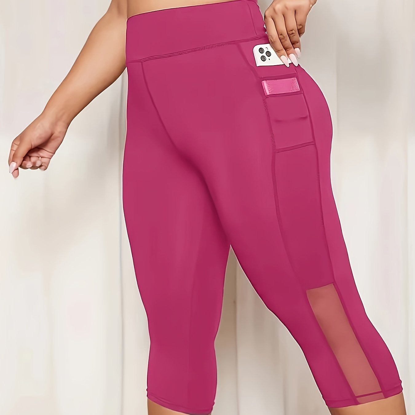 Women Plus Size High-Waisted Leggings with Mesh Panel and Pockets