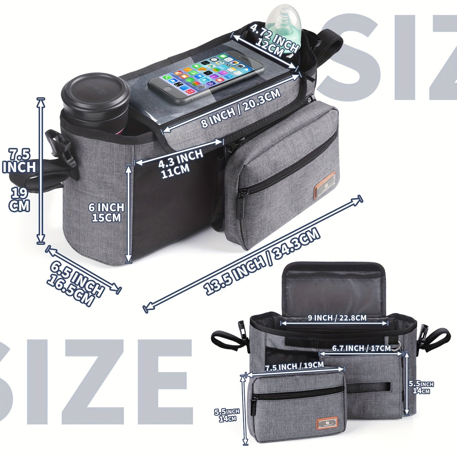 Ajratiladigan fermuarlı sumka, salfetkalar uchun joy, telefon cho'ntagi, shisha ushlagich va yelka tasmalari bilan aravachalar uchun tashkilotchisi - yuguruvchilar va aravacha qoplari uchun ideal, aksessuarlarni tartibga solish uchun mukammal.