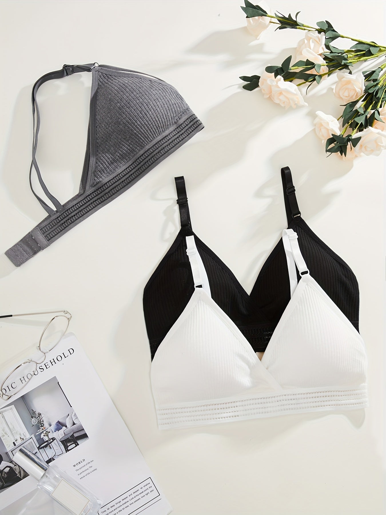 Women's Soft Ribbed Bra Set with Removable Pads in Black White Gray