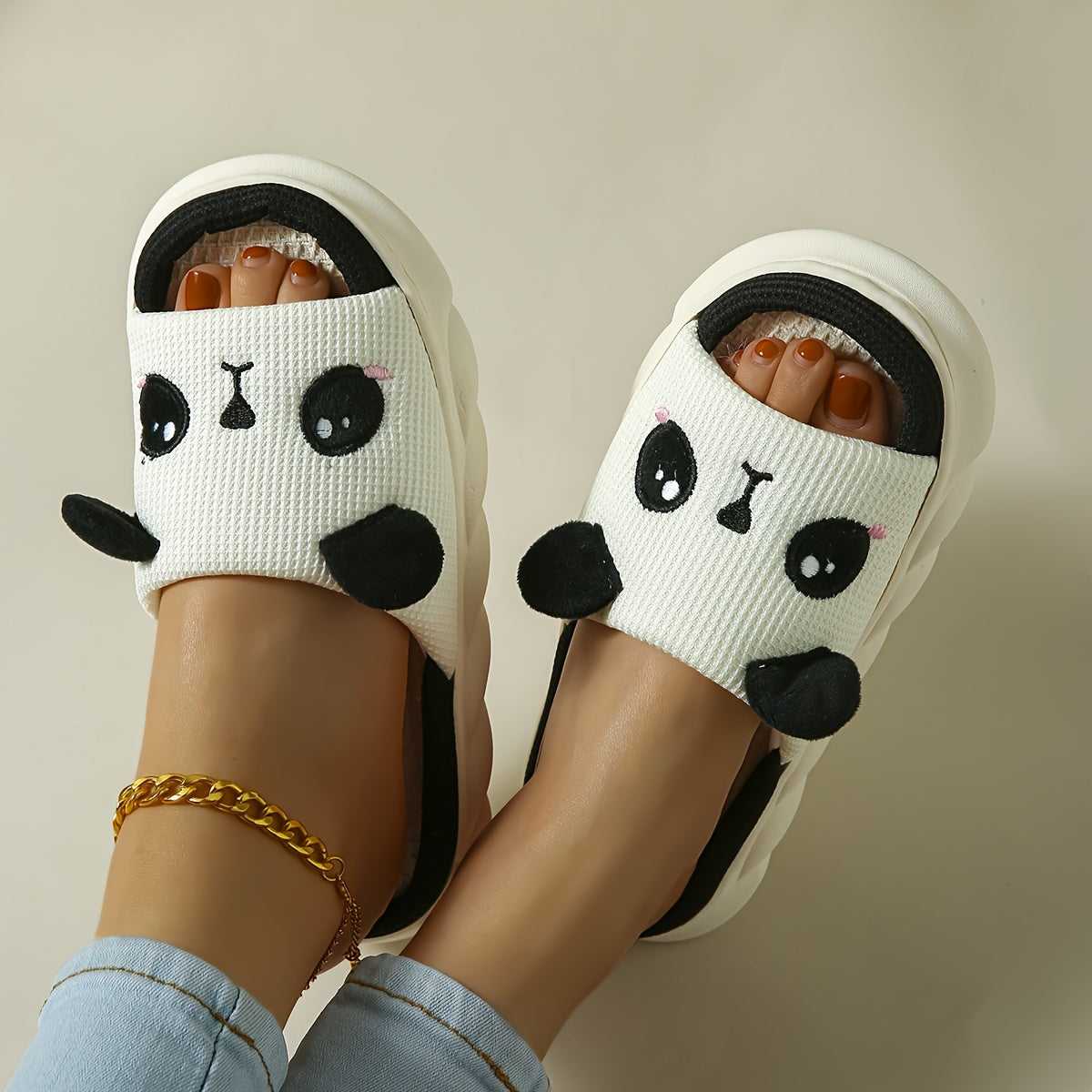 Women's Soft Linen Panda Slippers Non-Slip Cozy Home Shoes