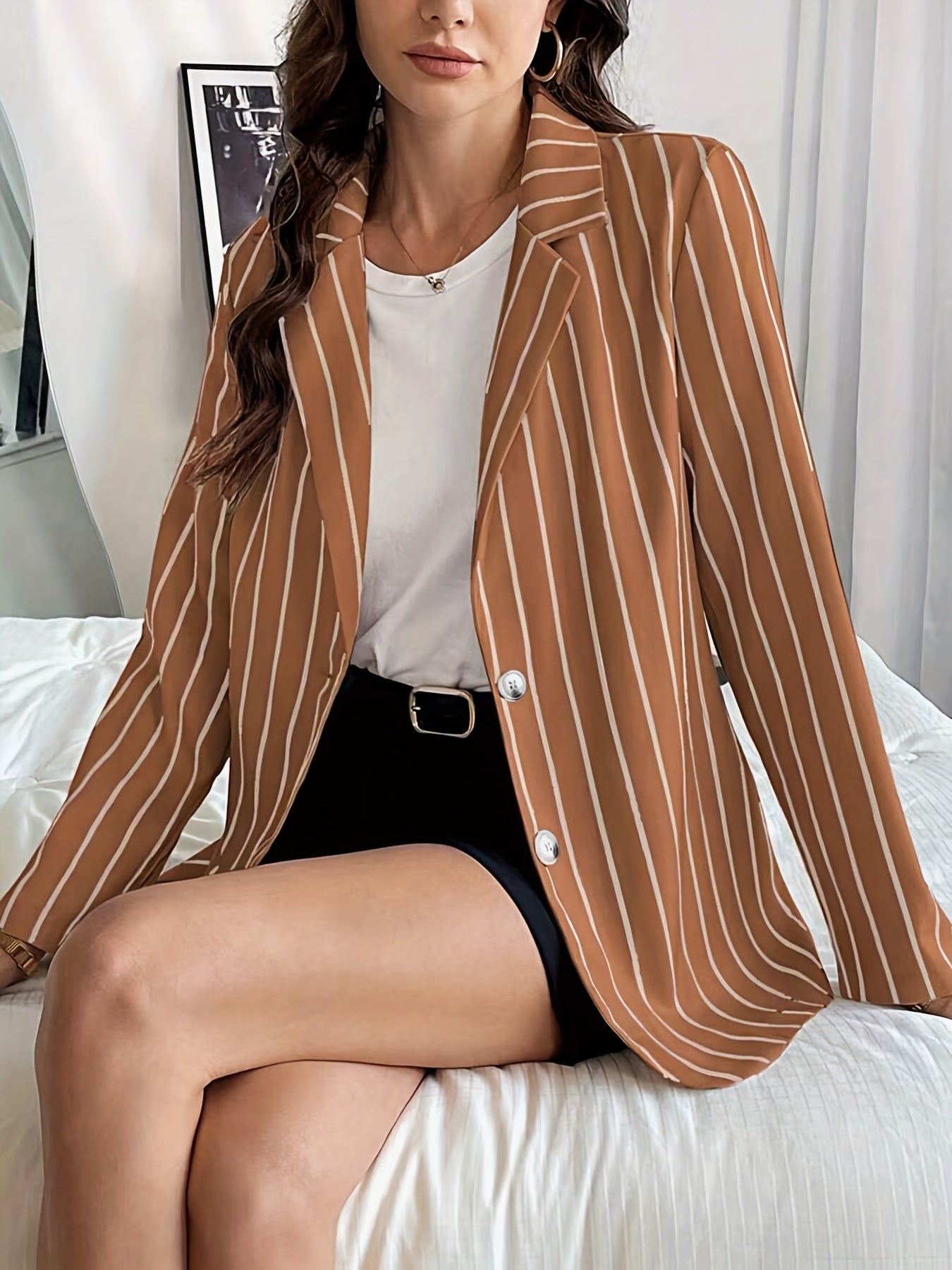 Women's Plus Size Striped Relaxed Suit Jacket for Work and Travel