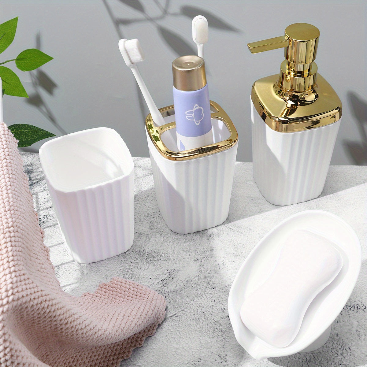 4-Piece Bathroom Accessory Set Lotion Dispenser Toothbrush Holder Mouthwash Cup Soap Dish