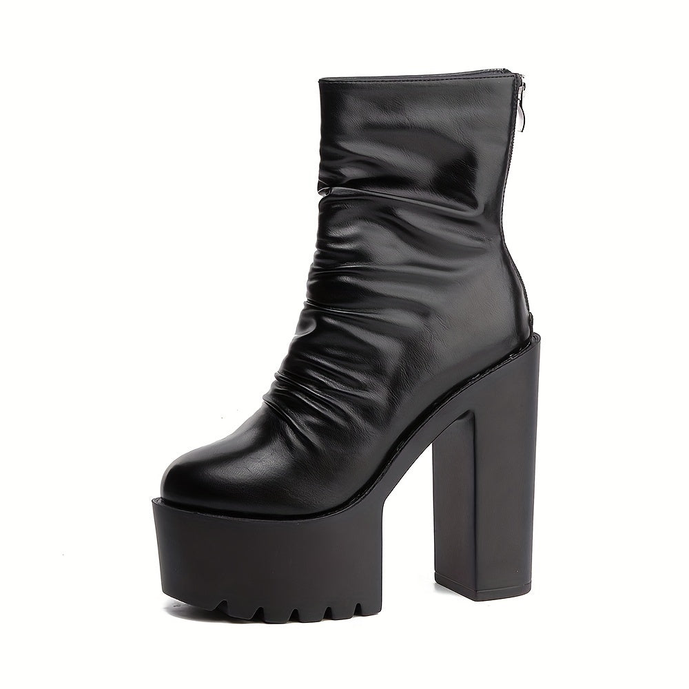 Women's Black Block Heeled Boots Round Toe Zipper Platform Shoes