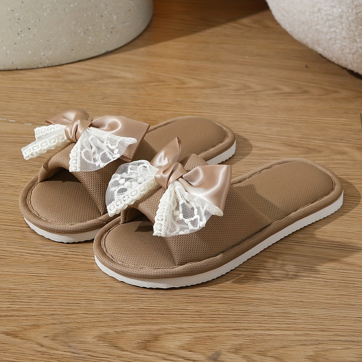 Women's Breathable Slip-On Indoor Slippers with Lace Trim Black