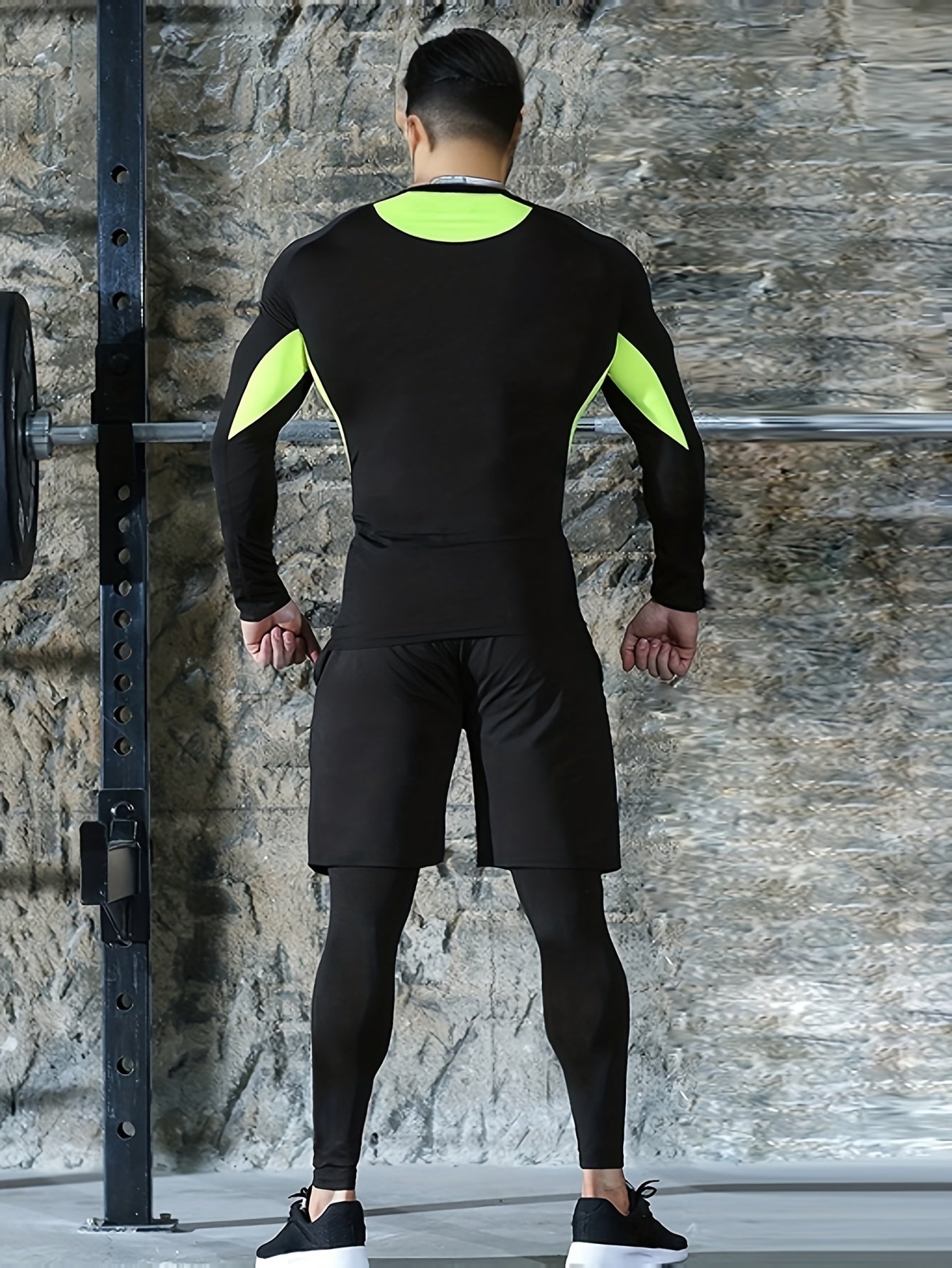 Men's Athletic Set Quick-Dry Stretch Compression Gear Long Sleeve Top Shorts Jacket Leggings Black Green