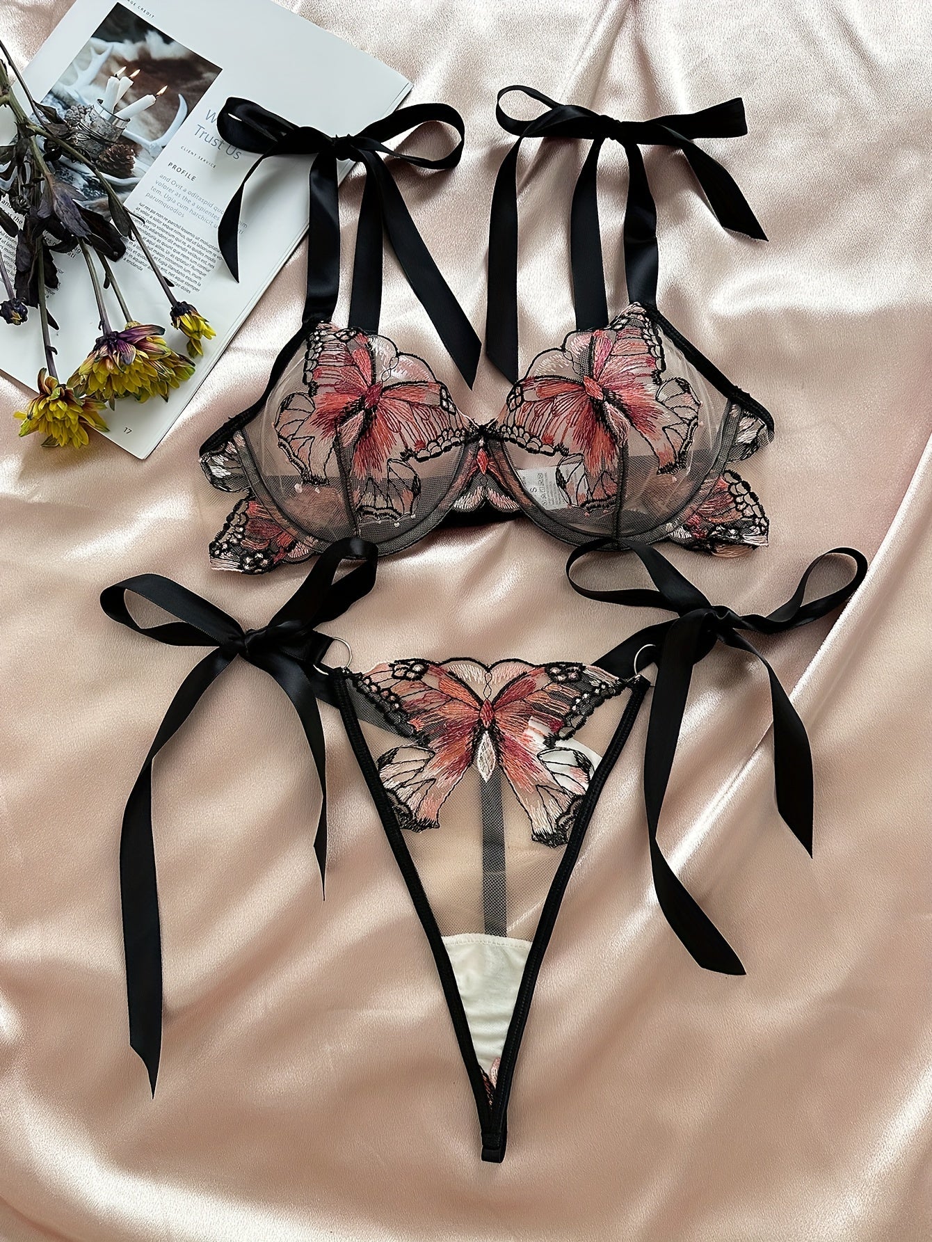 Women's Mesh Lingerie Set with Embroidered Butterfly Design Bra and Thong