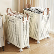 White Ceramic-Style Laundry Basket with Wheels Large Capacity Ventilated Portable