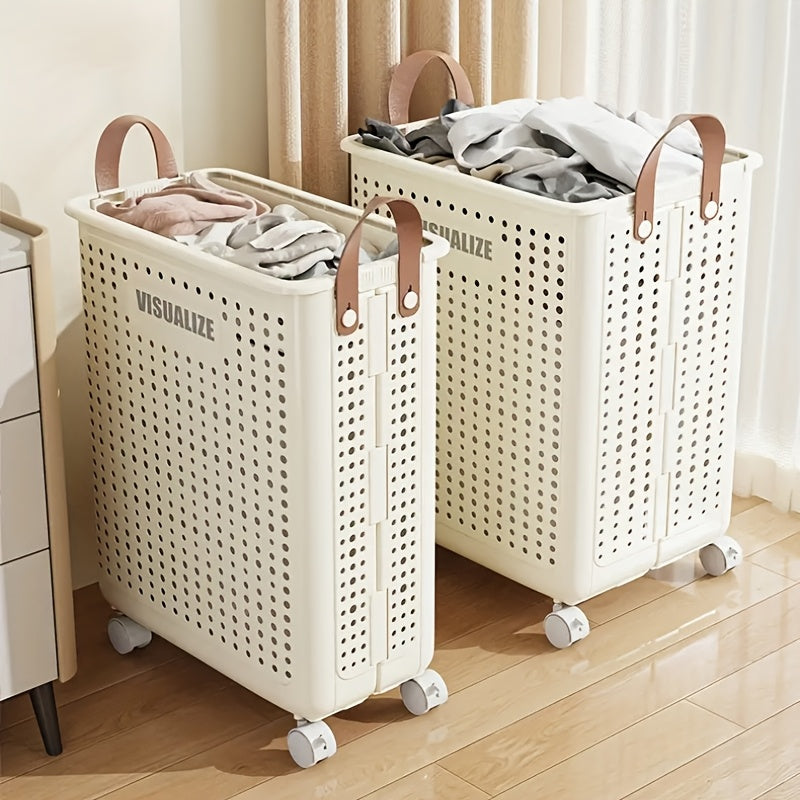White Ceramic-Style Laundry Basket with Wheels Large Capacity Ventilated Portable