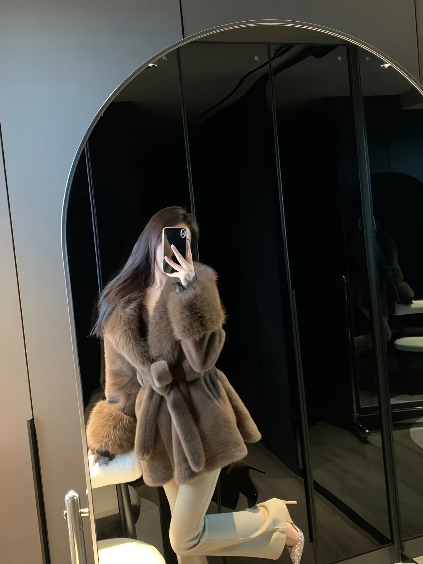 Women's Faux Fur Hooded Coat with Belt Long Sleeve Mid-Length Winter Chic