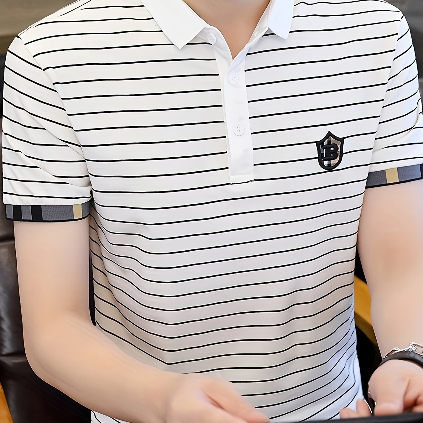 Men's Striped Cotton Golf Shirt Short Sleeve Embroidered Print Casual Lapel Summer Outdoor