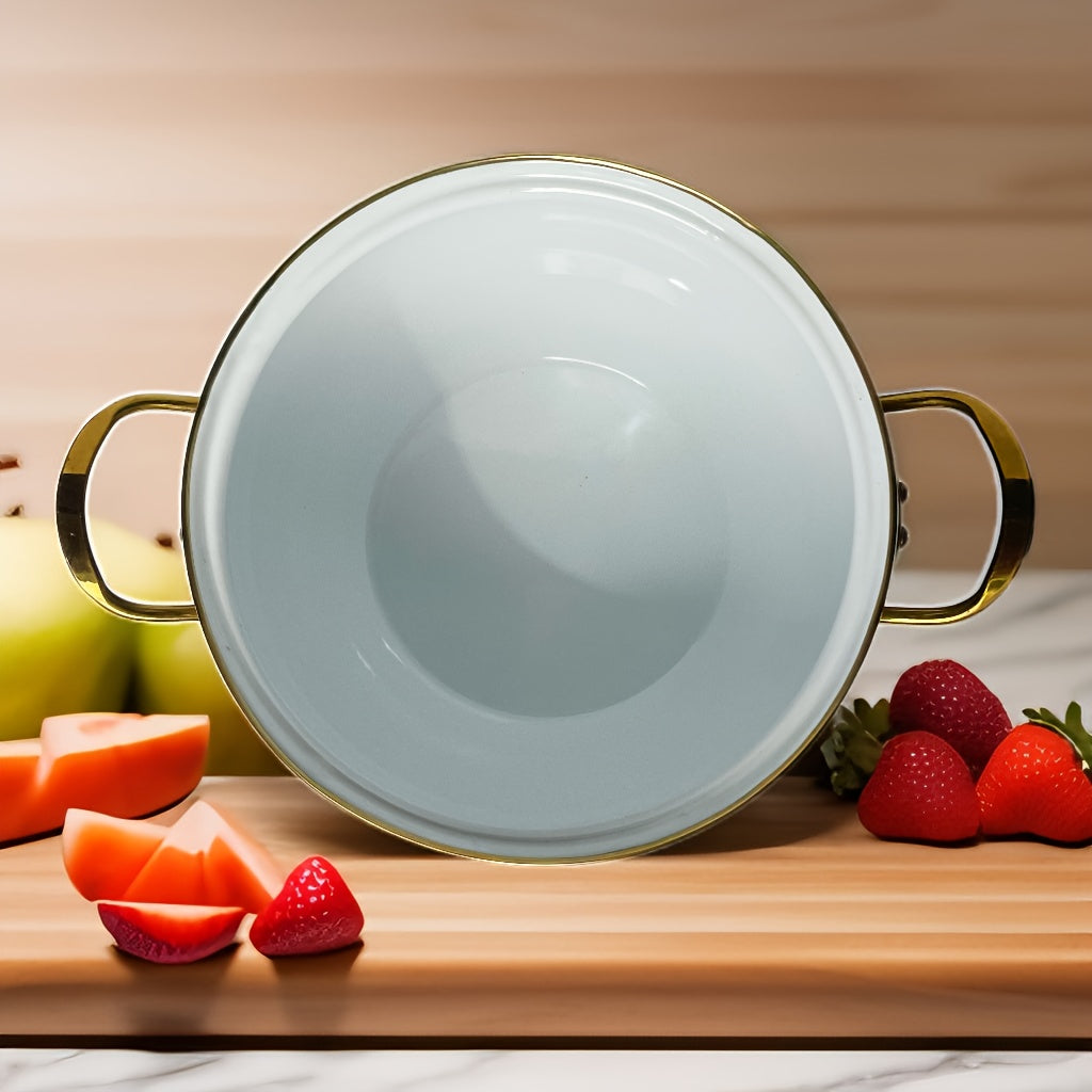 Katta sig'imli emal qoplamali qozon, qopqoq bilan, qalin tuzilishga ega va retro uslubda. Ushbu ikki tutqichli qaynatish va sho'rva qozoni ko'p qirrali pishirish uchun mukammal bo'lib, gaz va induksion plitalar uchun mos keladi.