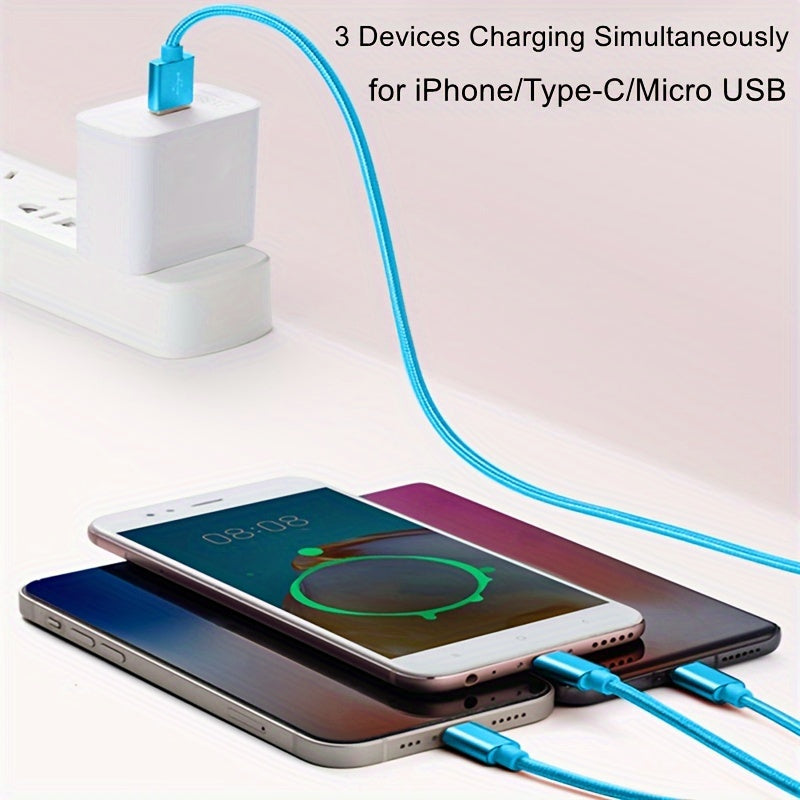 3-in-1 Nylon Braided USB Charging Cable for iPhone Micro USB Type-C Fast Data Sync