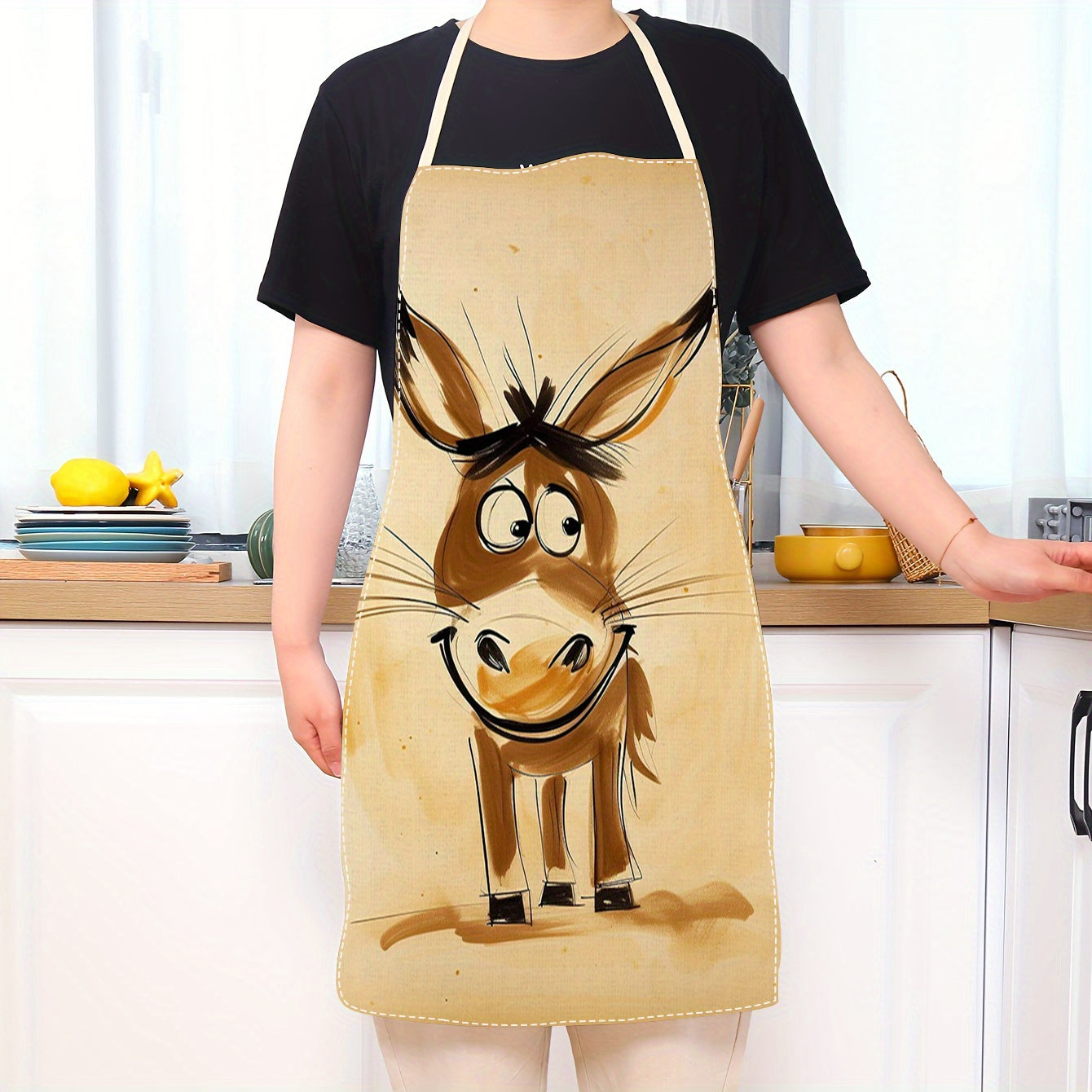 Linen Apron for Adults with Donkey Illustration, Sleeveless, Cooking Baking