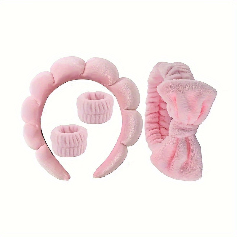 Set of 4 Women's Skincare and Hair Accessories Including Bow Headband Spa Head Hoop and Wristbands