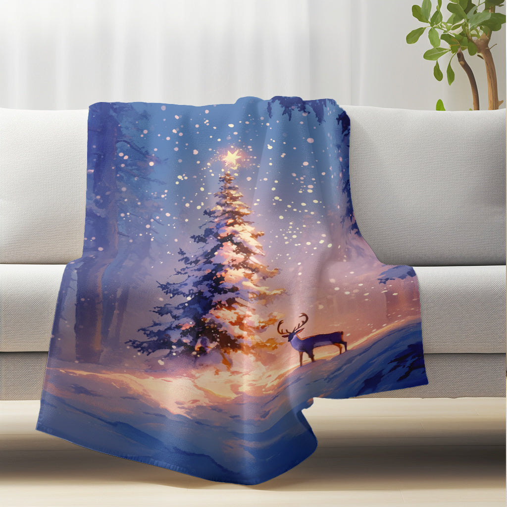Soft Flannel Fleece Blanket with Christmas Tree and Deer Design All-Season Washable for Sofa Home Office Camping