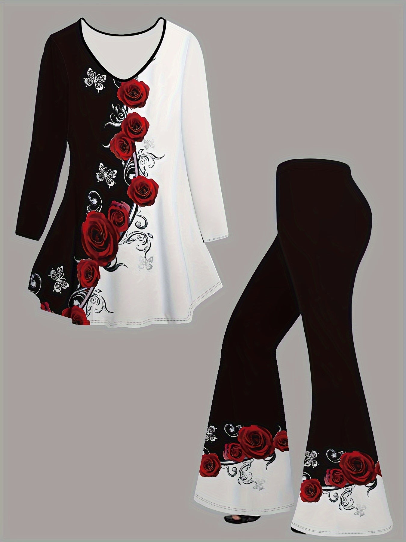 Women's Rose Print Outfit Set V Neck Flare T-Shirt and High Waist Flare Leg Pants