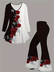 Women's Rose Print Outfit Set V Neck Flare T-Shirt and High Waist Flare Leg Pants