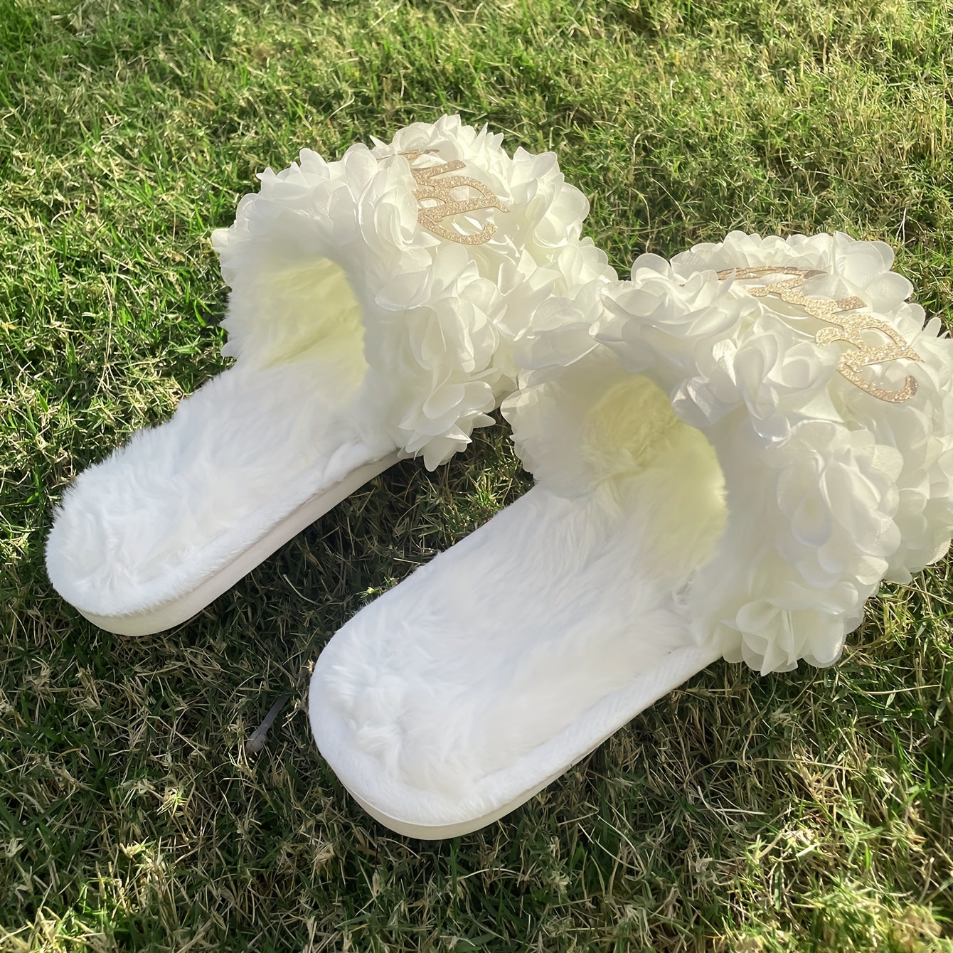 Women's Fuzzy Open Toe Bridal Slippers White Wedding Footwear