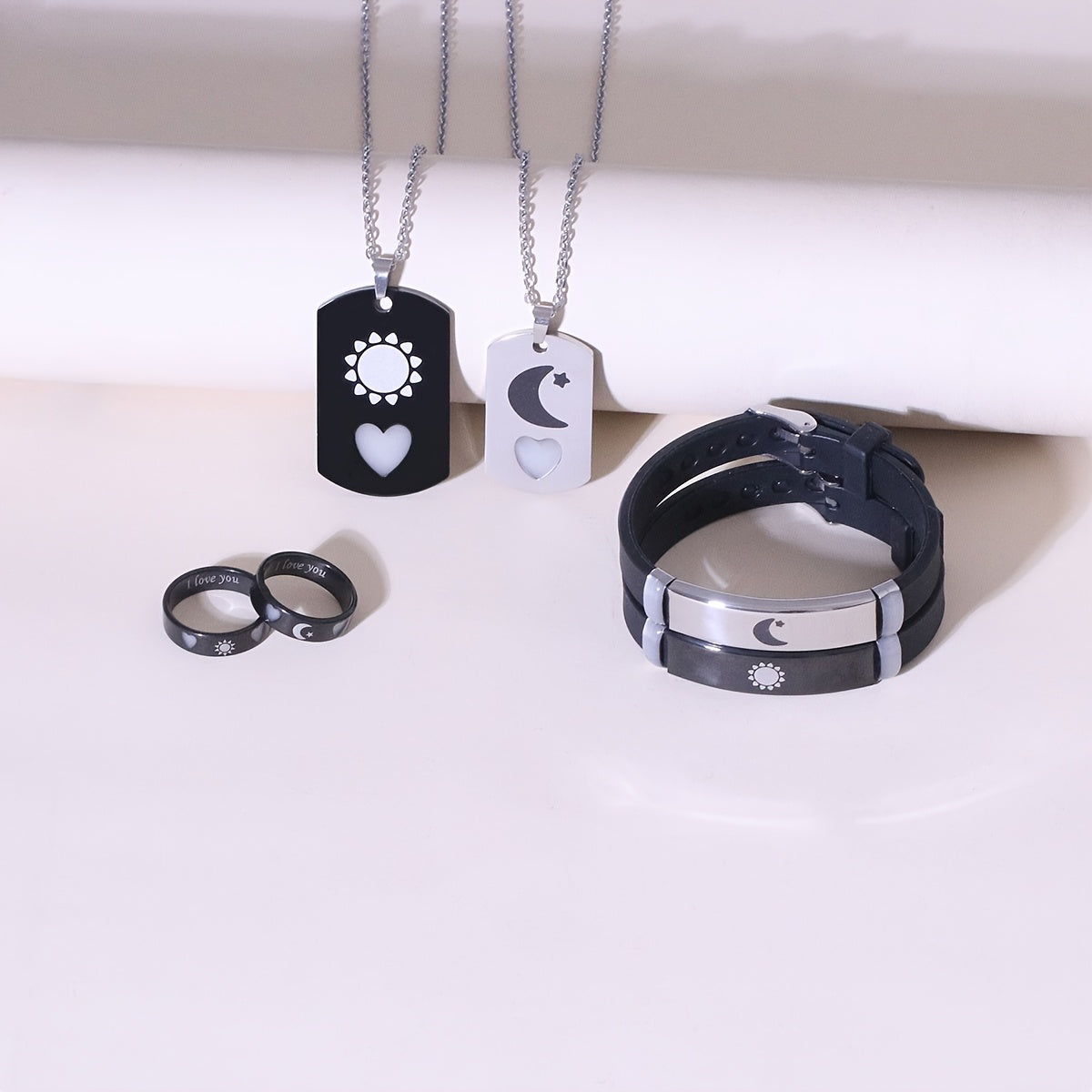 "Yorqin Sevgi, Yorqin Yurak va Yulduzli Noxush Po'lat Zargarlik Kolleksiyasi - 6 dona, juftliklar uchun marjon, bilaguzuk, uzuk - Ideal 14-fevral sovg'asi"