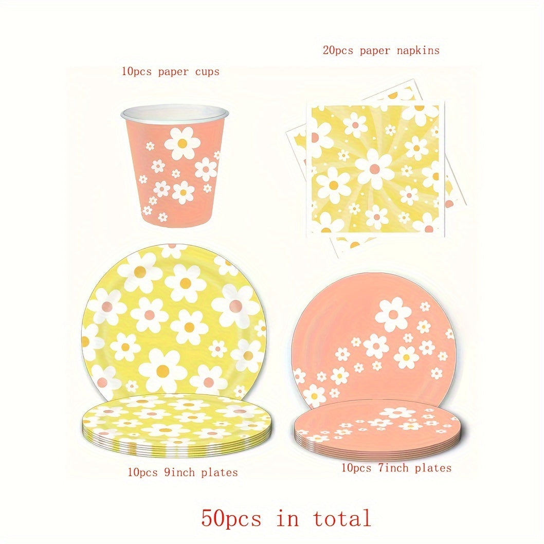 Одноразовый набор посуды с тематикой ромашки, 10 предметов: тарелки, чашки, салфетки, украшения для вечеринки