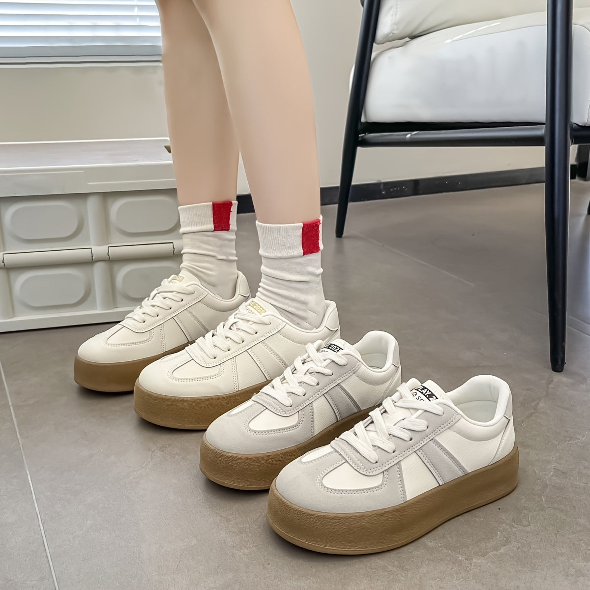 Women's Chunky Platform Sneakers White Brown Casual Lace-Up Shoes