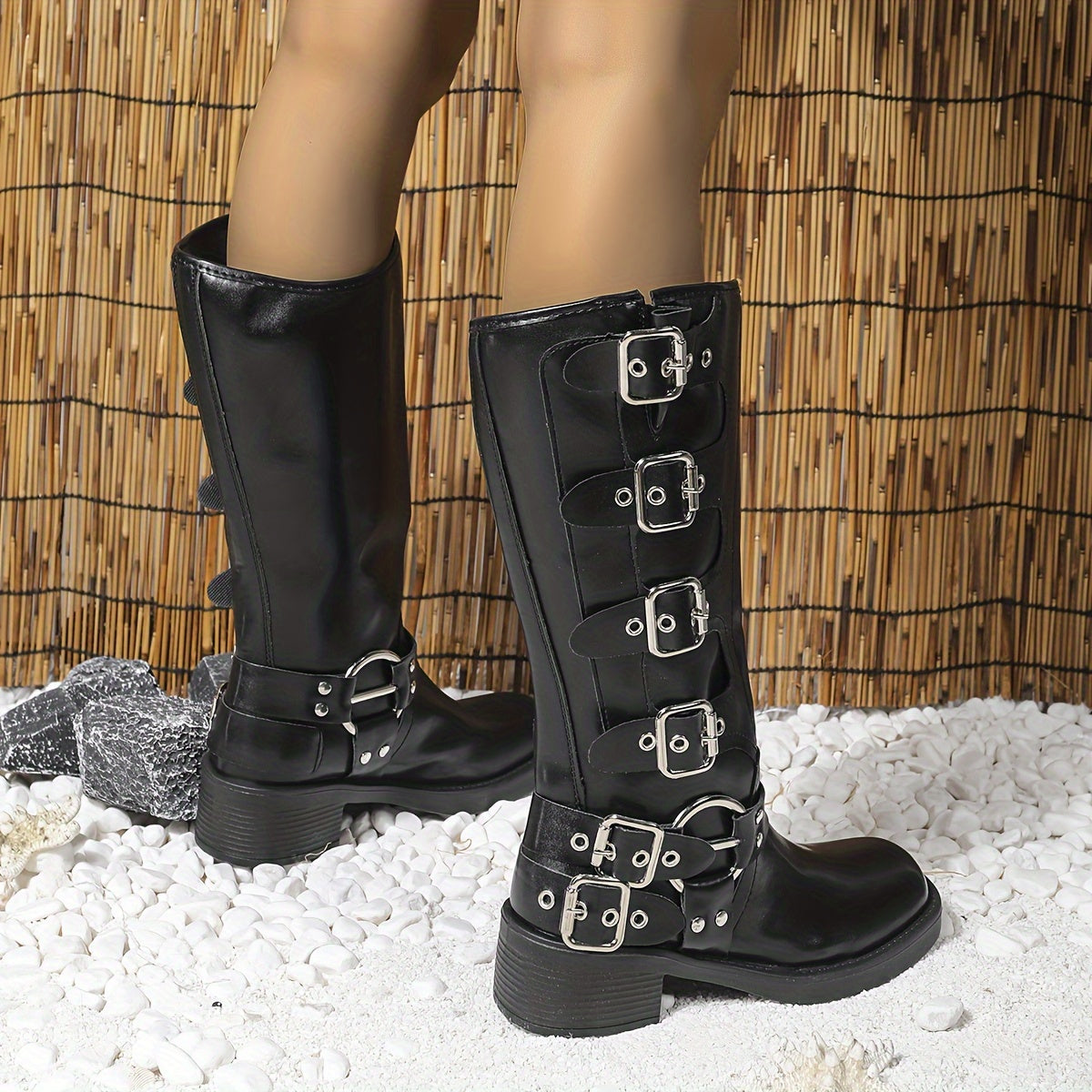 Women's Faux Leather Mid-Calf Boots with French Heel and Pull-On Design