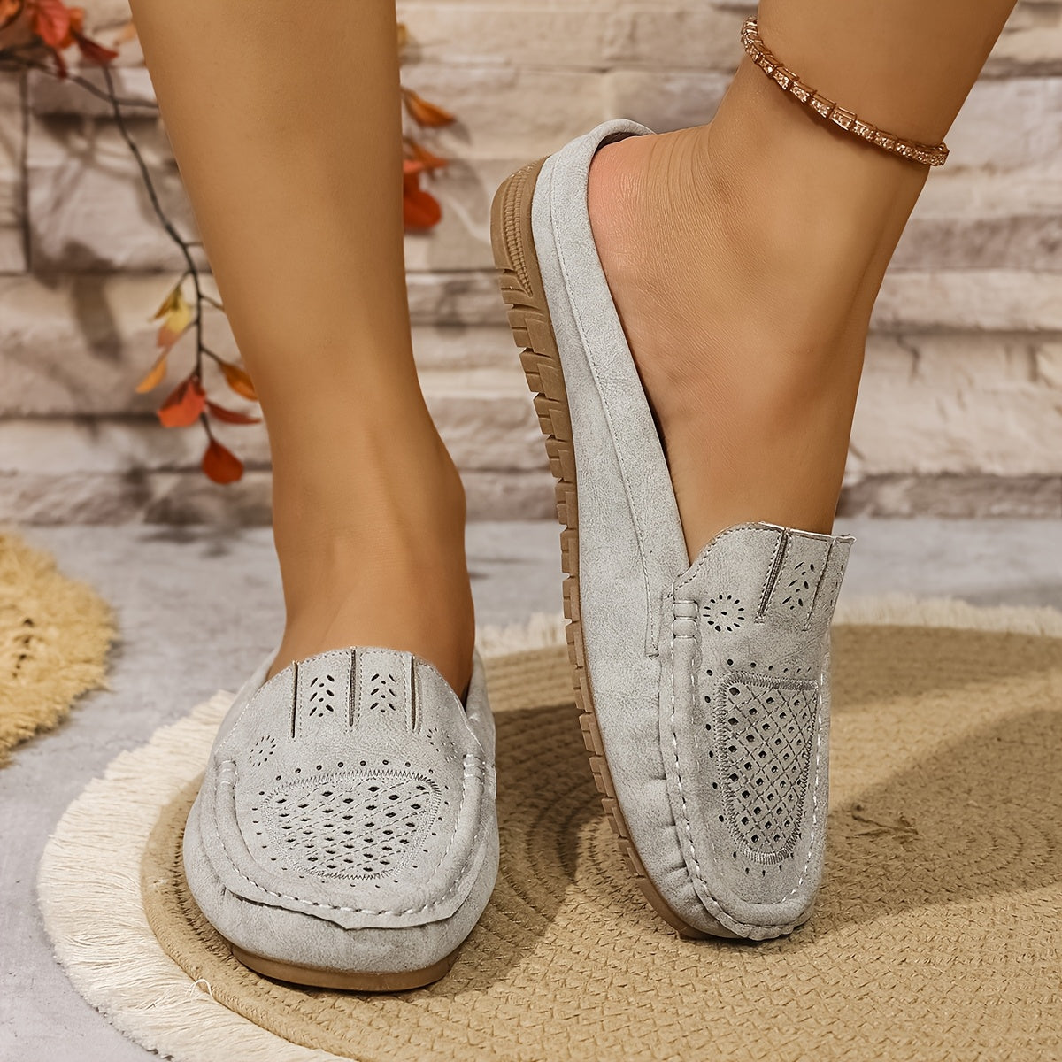 Women's Large Breathable Laser-Cut Slip-On Flats with Ankle Strap