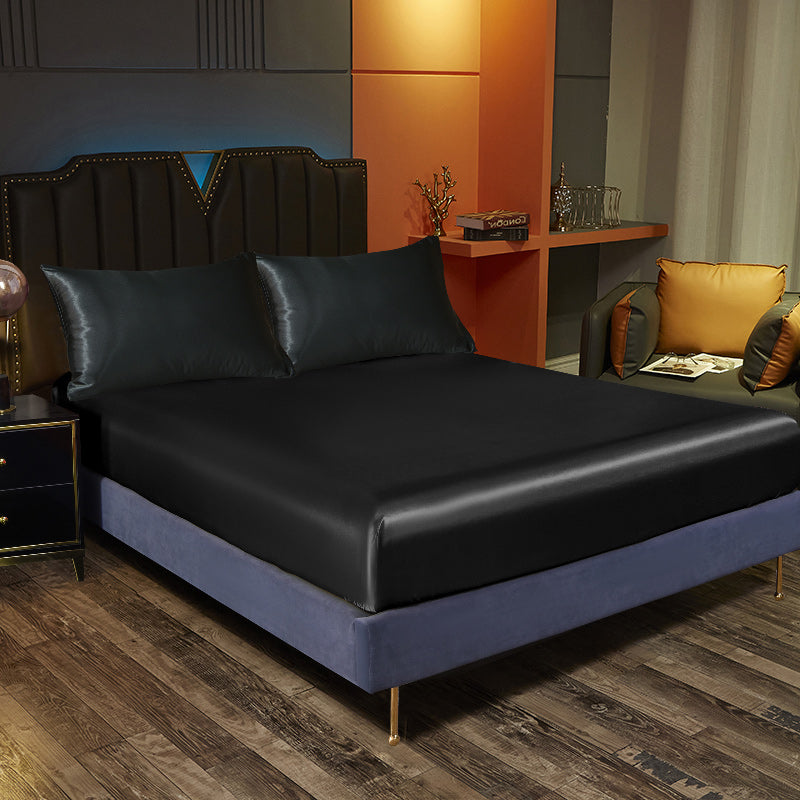 Satin Bedding Set 3 Pieces Fitted Sheet and Pillowcases Solid Color