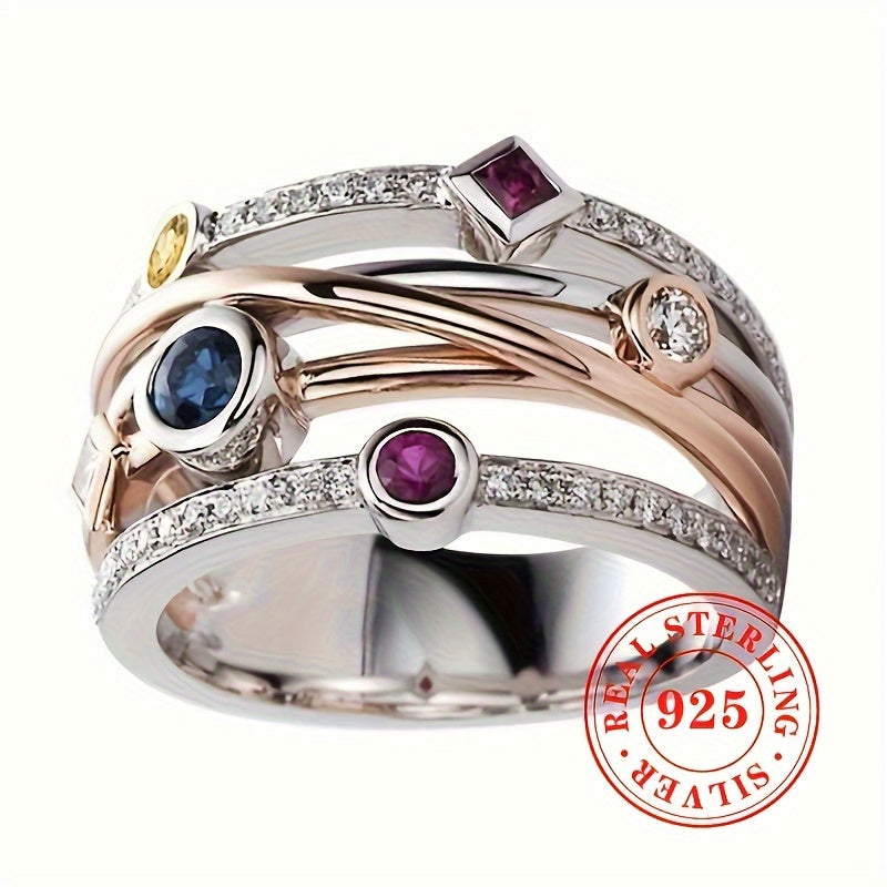 Women's Multi-Layer Sterling Silver Ring with Synthetic Gemstones