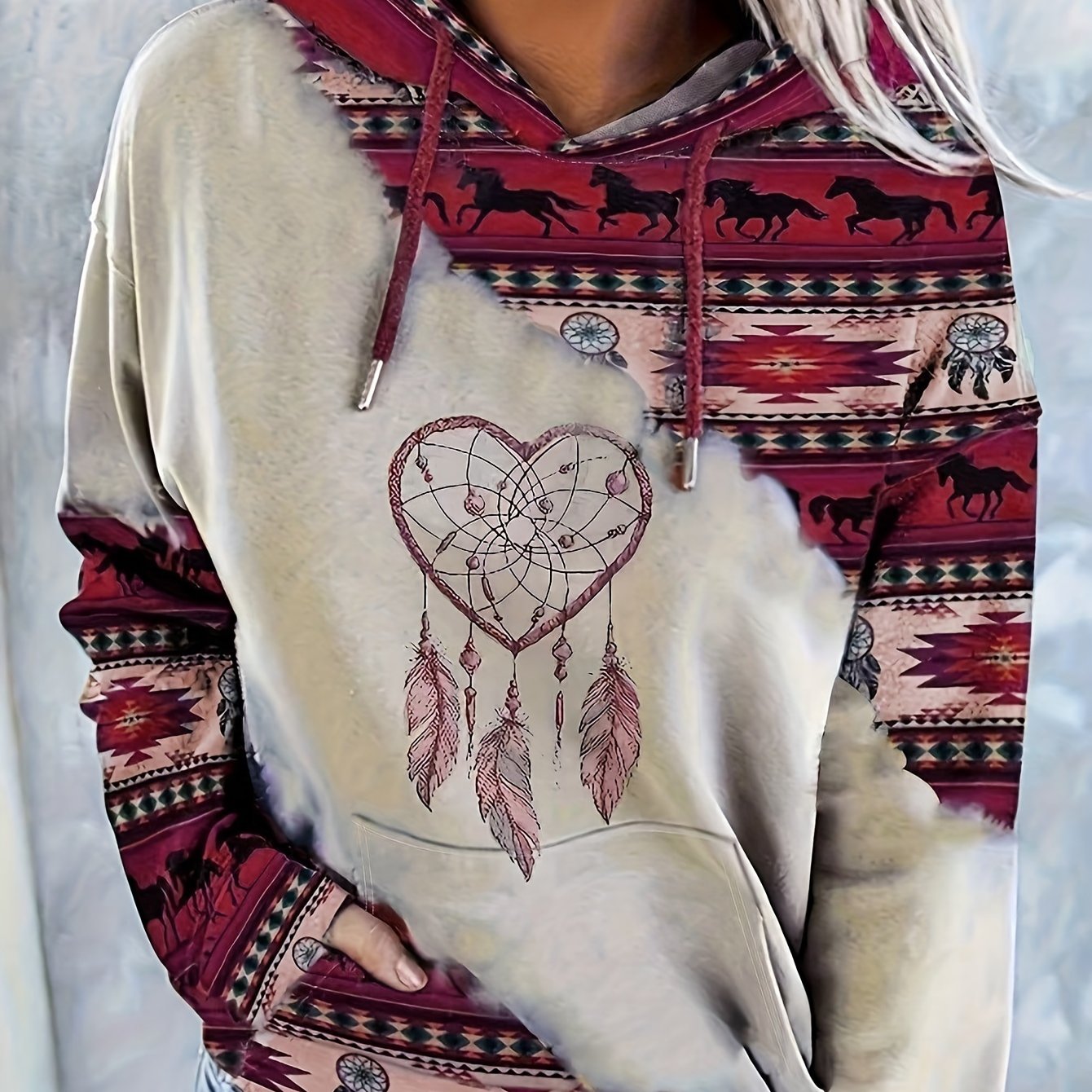 Sudadera con capucha de estampado étnico para mujer con tela de punto y cordón