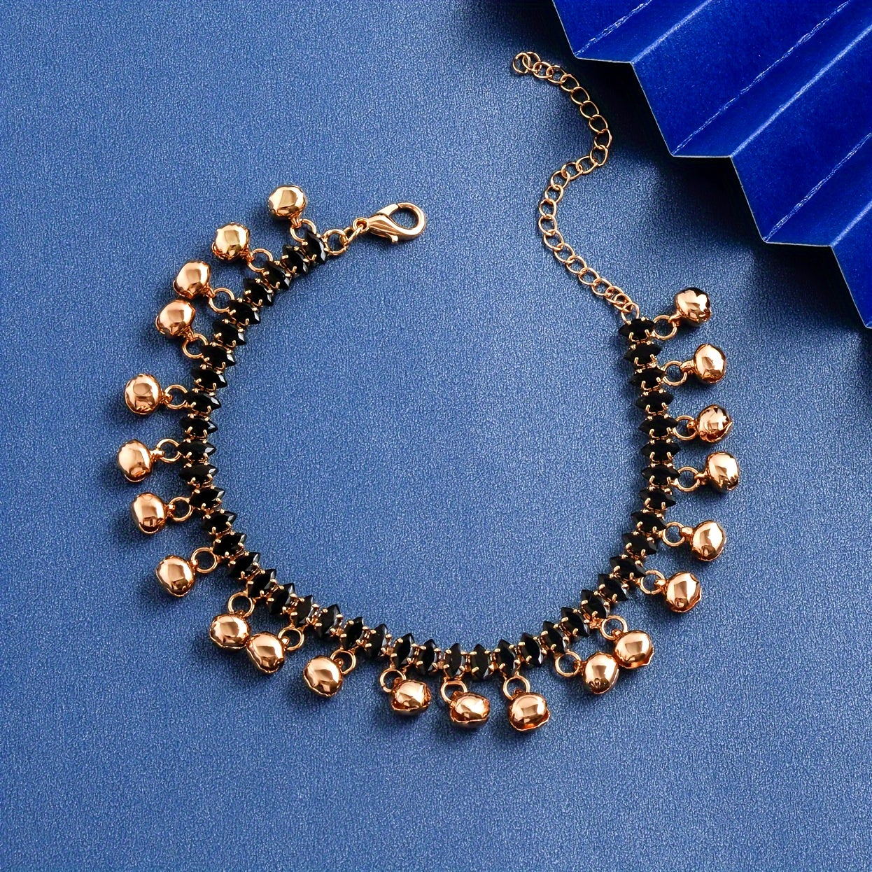 Women's Copper Anklet with Black Glass Marquise and Bell Charms Vintage Style for Daily Wear